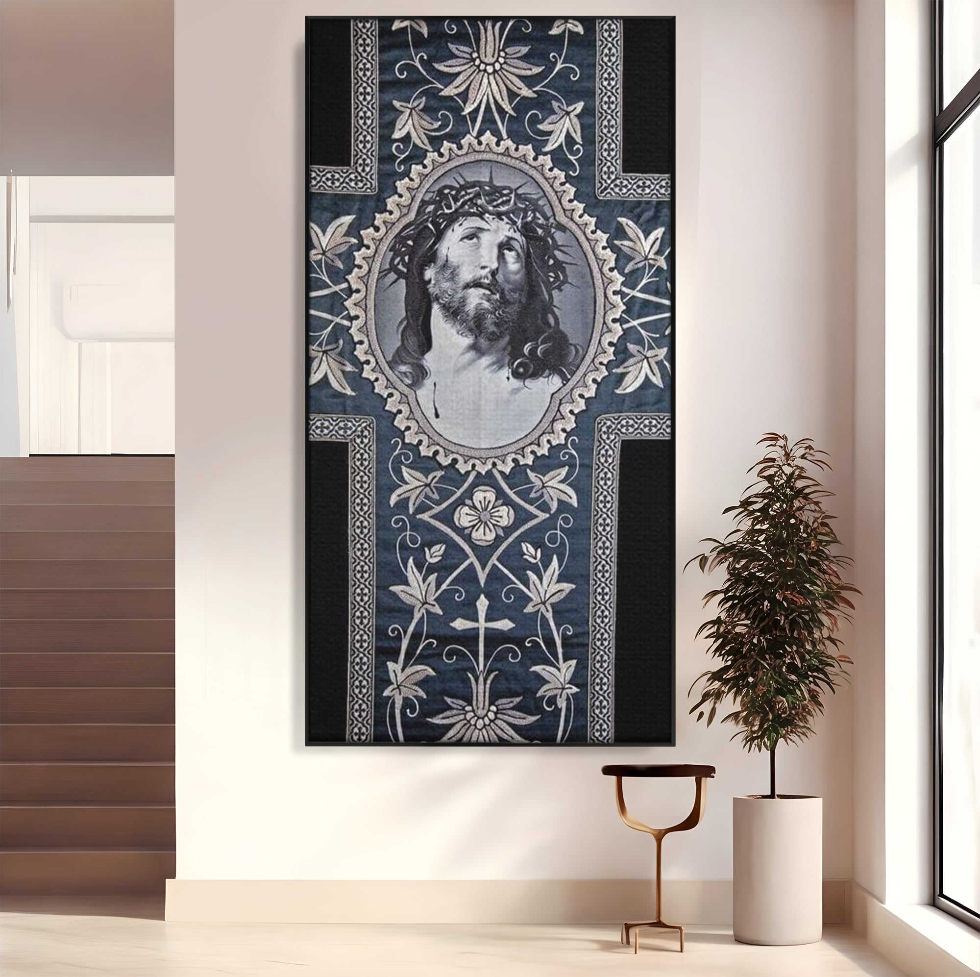 Tablou canvas cu tablou canvas cu chipul mantuitorului pe cruce, in rama de aluminiu negru